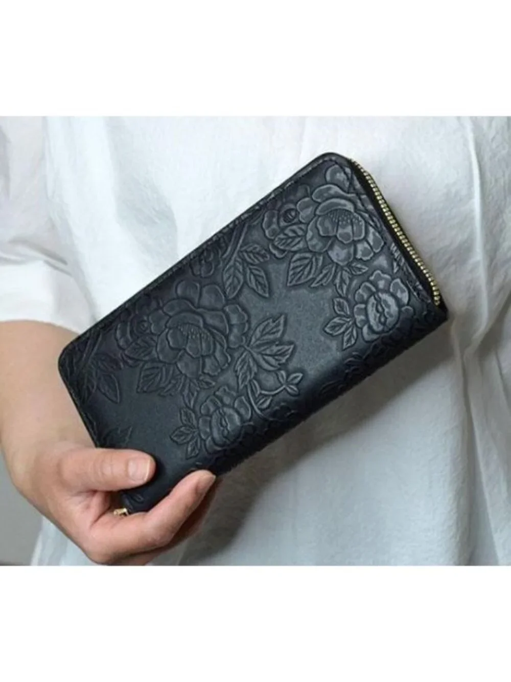 PU Leather Black Floral Embossed Wallet With Wristlet Strap Zipper Closure Multi